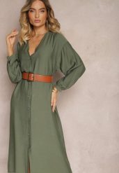 Ciemnozielona Sukienka w Stylu Koszulowym z Bufiastymi Rękawami i Wiskozą Denisea. Zielone sukienki damskie Renee, bez wzorów, z tkaniny, eleganckie, bez ramiączek. W wyprzedaży za 83.99 zł.