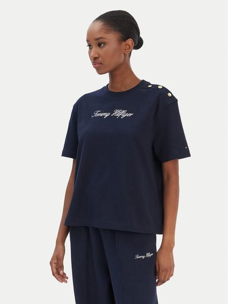 Tommy Hilfiger T-Shirt Script WW0WW47819 Granatowy Regular Fit. Niebieskie t-shirty damskie Tommy Hilfiger, m, bez wzorów, z bawełny, bez kołnierzyka. Za 189.99 zł.