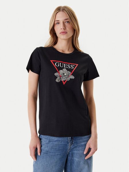 Guess T-Shirt W5YI38 I3Z14 Czarny Regular Fit. Czarne t-shirty damskie Guess, xl, z aplikacjami, z bawełny, bez kołnierzyka. Za 129.99 zł.