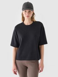 4F T-shirt regular z modalem damski - czarny XL. Czarne t-shirty damskie 4F, xl, bez wzorów, z dzianiny, bez kołnierzyka. W wyprzedaży za 39.99 zł.