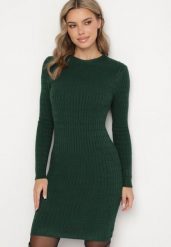 Ciemnozielona Dzianinowa Sukienka Mini z Ozdobnym Prążkowaniem o Dopasowanym Fasonie Kais. Zielone sukienki damskie Born2be, bez wzorów, z bawełny, bez ramiączek. Za 69.99 zł.