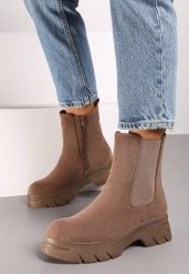 Ciemnobeżowe Botki Sztyblety na Platformie z Elastyczną Cholewką Mavita. Brązowe botki damskie Renee, z jeansu, eleganckie, bez obcasa, na platformie, bez zapięcia. Za 139.99 zł.