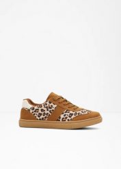 Sneakersy ze wzorem w panterkę. Brązowe obuwie sportowe casual damskie bonprix, bez zapięcia. Za 109.99 zł.