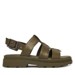 Sandały Clarks. Zielone sandały damskie Clarks, bez wzorów, bez obcasa, na płaskiej podeszwie, bez zapięcia. Za 389.99 zł.