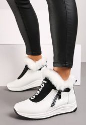 Białe Płaskie Sneakersy z Napisami i Futerkiem Riantha. Białe obuwie sportowe damskie Born2be, na zimę, z dresówki, bez zapięcia, trekkingowe. Za 89.99 zł.