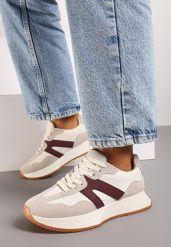 Beżowo-Bordowe Płaskie Buty Sportowe Sneakersy z Geometrycznym Wzorem Nawla. Brązowe obuwie sportowe casual damskie Born2be, bez zapięcia. Za 84.99 zł.