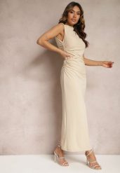 Beżowa Sukienka Bodycon o Dopasowanym Fasonie Bez Rękawów z Drapowaniem Roxelina. Brązowe sukienki damskie Renee, bez wzorów, bez ramiączek. W wyprzedaży za 111.99 zł.