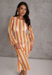 Pomarańczowa Sukienka Dopasowana w Stylu Boho z Plecionego Materiału w Paski Nasehle. Brązowe sukienki damskie Renee, bez wzorów, z materiału, boho, bez ramiączek. Za 129.99 zł.