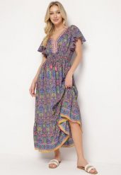Granatowo-Różowa Sukienka w Stylu Boho z Cienkimi Gumkami w Pasie Ozdobiona Frędzlami Vitessa. Czerwone sukienki damskie Born2be, bez wzorów, boho, bez ramiączek. Za 99.99 zł.