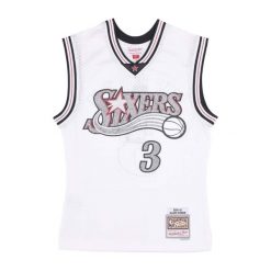 Koszulka Philadelphia 76ers Swingman 2000/01. Białe koszulki damskie Mitchell & Ness, bez wzorów, bez kołnierzyka, bez ramiączek. Za 577.00 zł.