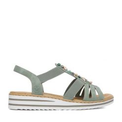 Sandały Rieker. Zielone sandały damskie Rieker, bez wzorów, bez obcasa, na koturnie, bez zapięcia. Za 319.99 zł.