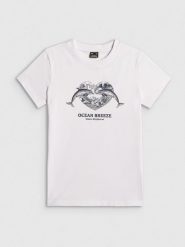 4F T-shirt regular z nadrukiem damski - biały XL. Białe t-shirty damskie 4F, xl, bez wzorów, z bawełny, bez kołnierzyka. Za 59.99 zł.