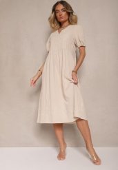 Jasnobeżowa Rozkloszowana Sukienka z Bawełny w Stylu Boho z Haftowanymi Zdobieniami Lannilsa. Brązowe sukienki damskie Renee, z aplikacjami, z bawełny, boho, bez ramiączek. W wyprzedaży za 111.99 zł.
