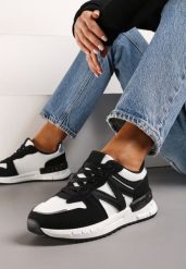 Czarno-Białe Sneakersy z Klasycznym Sznurowaniem i Wstawkami z Siateczki Veloraa. Czarne obuwie sportowe damskie Renee, z materiału, bez zapięcia. Za 79.99 zł.