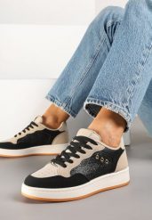 Czarno-Beżowe Streetwearowe Sneakersy Zdobione Przeszyciami Neonisea. Czarne obuwie sportowe damskie Renee, z jeansu, bez zapięcia. Za 79.99 zł.