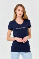 EMPORIO ARMANI Damski t-shirt granatowy. Niebieskie t-shirty damskie Emporio Armani, s, bez wzorów, z bawełny, bez kołnierzyka. W wyprzedaży za 188.99 zł.