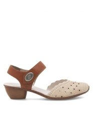 Rieker Sandały 43703-60 Beżowy. Brązowe sandały damskie Rieker, bez wzorów, ze skóry, bez obcasa, na słupku, bez zapięcia. Za 279.99 zł.