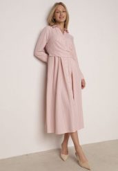 Różowa Koszulowa Sukienka z Wiskozy z Ozdobnym Marszczeniem w Talii Batena. Czerwone sukienki damskie Born2be, bez wzorów, z wiskozy, biznesowe, bez ramiączek. Za 149.99 zł.