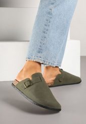 Zielone Klapki Chodaki Ozdobione Klamrami Uliandora. Zielone klapki damskie Renee, bez wzorów, z jeansu, bez obcasa, na płaskiej podeszwie, bez zapięcia. Za 59.99 zł.