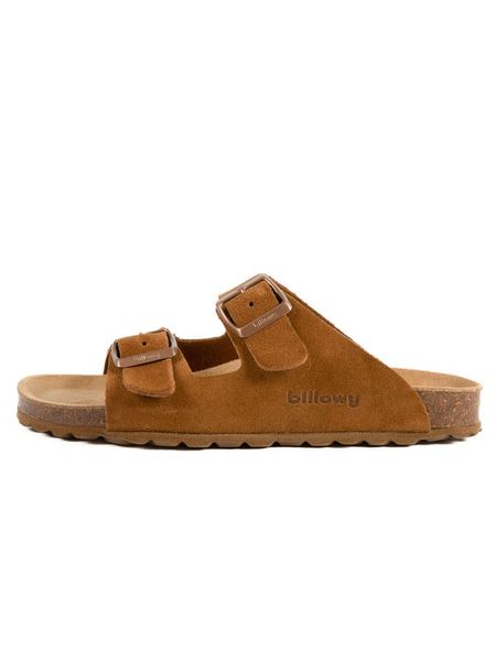 Billowy Skórzane klapki w kolorze jasnobrązowym rozmiar: 41. Brązowe klapki damskie Billowy, bez wzorów, z otwartym noskiem, bez obcasa, bez zapięcia. Za 122.38 zł.