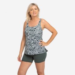 Strój jednoczęściowy pływacki damski Nabaiji Heva Ondu tankini i szorty. Zielone spodenki sportowe damskie Decathlon, l, bez wzorów, z elastanu, do pływania. Za 119.99 zł.