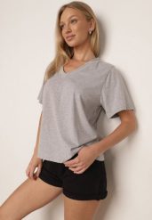 Szary T-shirt z Bawełny z Trójkątnym Dekoltem Siliphe. Szare t-shirty damskie Born2be, uniwersalny, bez wzorów, z bawełny, bez kołnierzyka. Za 79.99 zł.