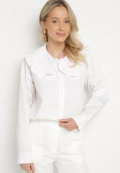 Biała Koszula z Bawełny Ozdobiona Kołnierzykiem Fulinea. Białe koszule damskie Born2be, bez wzorów, z bawełny, biznesowe, bez kołnierzyka, bez ramiączek. Za 89.99 zł.