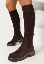 Brązowe Kozaki z Elastyczną Cholewką przed Kolano Marianes. Brązowe kozaki damskie Born2be, z dzianiny, przed kolano, bez obcasa, na obcasie, bez zapięcia. Za 159.99 zł.
