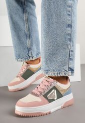 Różowo-Zielone Sneakersy Ozdobione Brokatem Cyrkoniami i Perforacją Tillitara. Czerwone obuwie sportowe casual damskie Born2be, z jeansu. Za 99.99 zł.