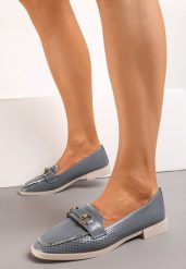 Niebieskie Półbuty w Stylu Loafersów z Perforacją Drobnymi Cyrkoniami i Klamrą Keryth. Niebieskie półbuty damskie Renee, z aplikacjami, z bawełny, z okrągłym noskiem, bez obcasa, na płaskiej podeszwie, bez zapięcia. Za 89.99 zł.
