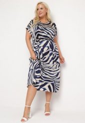 Beżowo-Granatowa Pudełkowa Sukienka Midi z Materiałowym Paskiem w Animal Print Ovita. Brązowe sukienki damskie Born2be, bez wzorów, z materiału, bez ramiączek. W wyprzedaży za 93.49 zł.