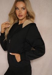 Czarna Bluza Rozpinana z Dodatkiem Bawełny Ozdobiona Kontrastowym Kapturem Arstoia. Czarne bluzy damskie Renee, l, bez wzorów, z bawełny. Za 74.99 zł.