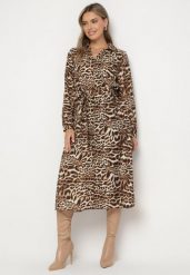 Brązowa Sukienka z Wiskozą o Koszulowym Kroju z Wiązanym Paskiem w Panterkę Raivenne. Brązowe sukienki damskie Born2be, bez wzorów, z wiskozy, eleganckie, bez ramiączek. W wyprzedaży za 118.99 zł.