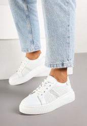 Białe Skórzane Sneakersy na Płaskiej Podeszwie ze Skórzaną Wkładką i Ażurową Cholewką Lorili. Białe obuwie sportowe damskie Born2be, z jeansu, bez zapięcia. Za 149.99 zł.