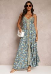 Niebieska Rozkloszowana Sukienka Maxi Wiązana na Szyi z Wiskozy z Printem Paisley Olympie. Niebieskie sukienki damskie Renee, bez wzorów, z wiskozy, boho, bez ramiączek. W wyprzedaży za 91.99 zł.
