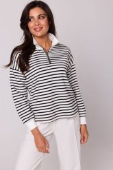 Bluza w Paski z Wysokim Kołnierzem. Bluzy damskie MOE, l, bez wzorów, z bawełny, bez kaptura. Za 254.79 zł.