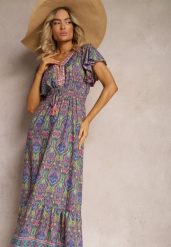 Różowo-Niebieska Rozkloszowana Sukienka w Etniczny Wzór z Krótkim Rękawem i Gumką w Pasie Zorisa. Czerwone sukienki damskie Renee, bez wzorów, eleganckie, bez ramiączek. W wyprzedaży za 67.99 zł.
