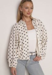 Jasnobeżowa Bluza w Groszki z Wiskozą o Nietoperzowym Kroju z Kołnierzykiem Rayo. Brązowe bluzy damskie Born2be, l, bez wzorów, z jeansu, bez kaptura. Za 199.99 zł.