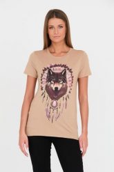GUESS Brązowy damski t-shirt bawełniany z wilkiem, Rozmiar L. Brązowe t-shirty damskie Guess, l, z aplikacjami, z bawełny, bez kołnierzyka. W wyprzedaży za 184.99 zł.