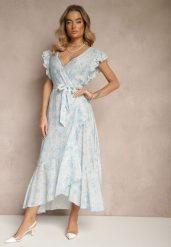 Niebieska Asymetryczna Sukienka z Bawełny z Falbankami i Kwiatowym Printem Lommea. Niebieskie sukienki damskie Renee, bez wzorów, z bawełny, eleganckie, bez ramiączek. W wyprzedaży za 127.99 zł.