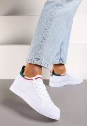 Biało-Zielone Wsuwane Sneakersy z Ekoskóry na Płaskiej Podeszwie ze Sznurowaniem Harvena. Białe obuwie sportowe damskie Born2be, na lato, z materiału, bez zapięcia. Za 64.99 zł.
