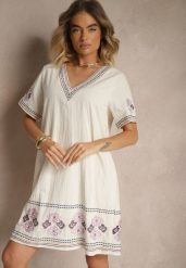 Fioletowa Pudełkowa Sukienka z Bawełny w Hafty w Stylu Boho Felkio. Fioletowe sukienki damskie Renee, bez wzorów, z bawełny, boho, bez ramiączek. Za 129.99 zł.