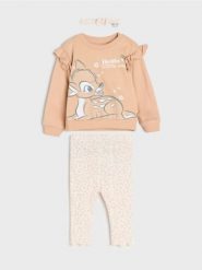 Bawełniany komplet; bluza, legginsy i opaska Bambi - beżowy. Brązowe legginsy damskie Sinsay, l, bez wzorów, z bawełny. Za 29.99 zł.