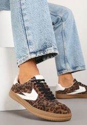 Panterkowe Skórzane Sneakersy Tenisówki z Geometrycznym Wzorem Mirathe. Białe obuwie sportowe damskie Born2be, bez zapięcia, tenisowe. Za 159.99 zł.