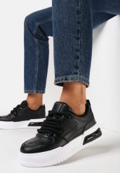 Czarne Sznurowane Sneakersy na Grubej Podeszwie z Ekoskóry z Przeszyciami Malacia. Czarne obuwie sportowe damskie Born2be, bez zapięcia. Za 109.99 zł.