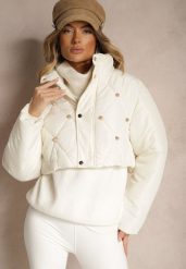 Jasnobeżowa Krótka Kurtka Puffer ze Stójką i Pikowanymi Przeszyciami Ozdobiona Napami Zinovira. Brązowe kurtki damskie Renee, l, bez wzorów, z jeansu, bez kaptura. Za 199.99 zł.