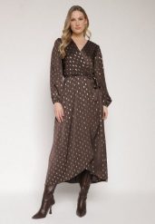 Brązowa Kopertowa Sukienka z Wiązaniem w Pasie i Metalicznym Nadrukiem Reisana. Brązowe sukienki damskie Born2be, z aplikacjami, eleganckie, bez ramiączek. Za 159.99 zł.